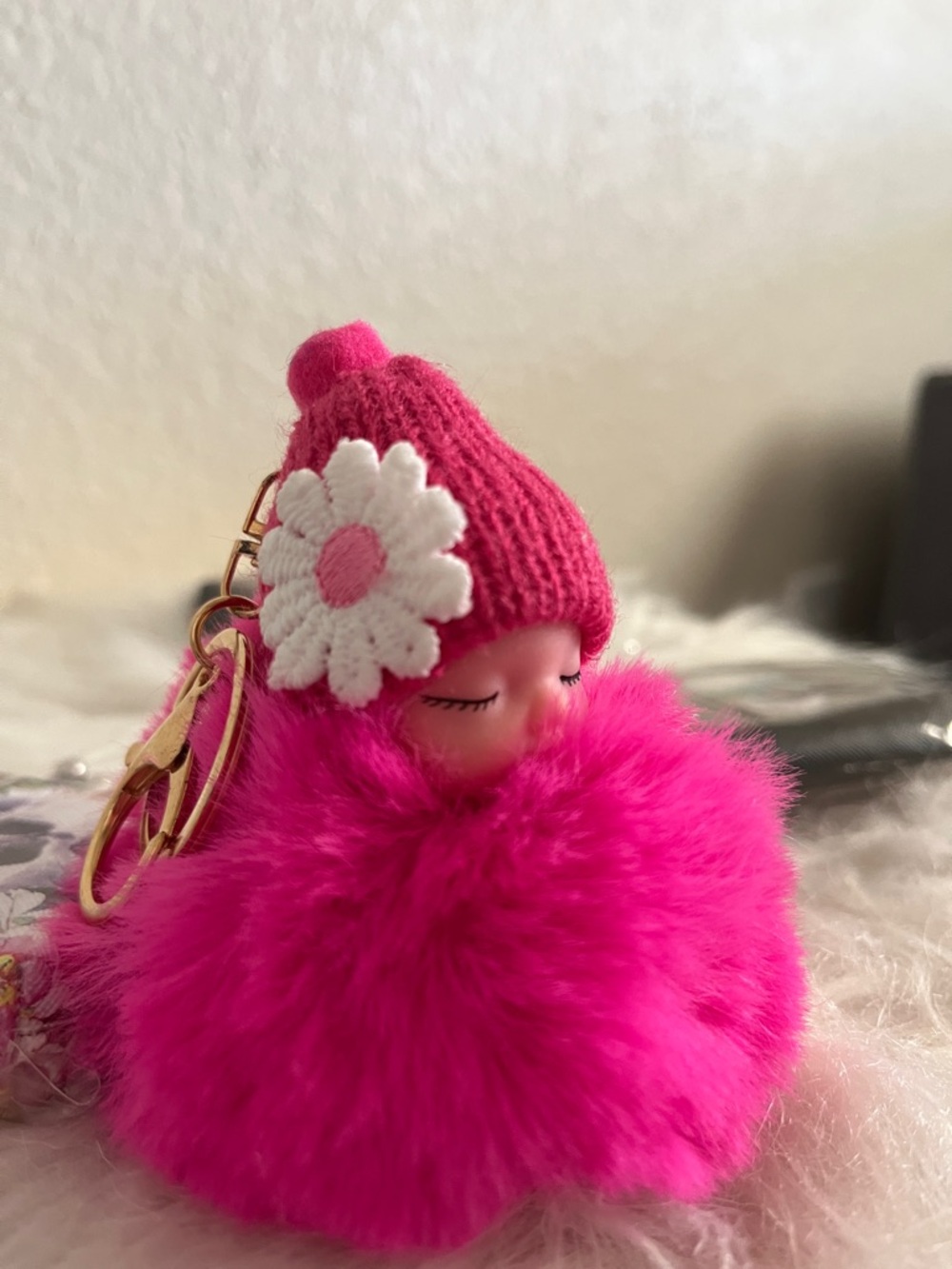 Pink Pom-Pom Doll Keychain with Flower Beanie